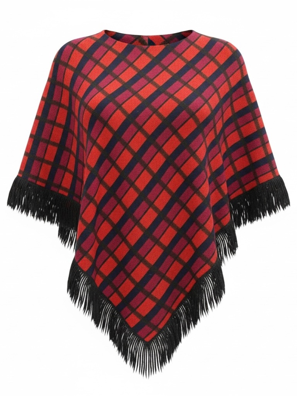 Vintage 70s’ Red Plaid Fringe Poncho OS Americana Western Cape